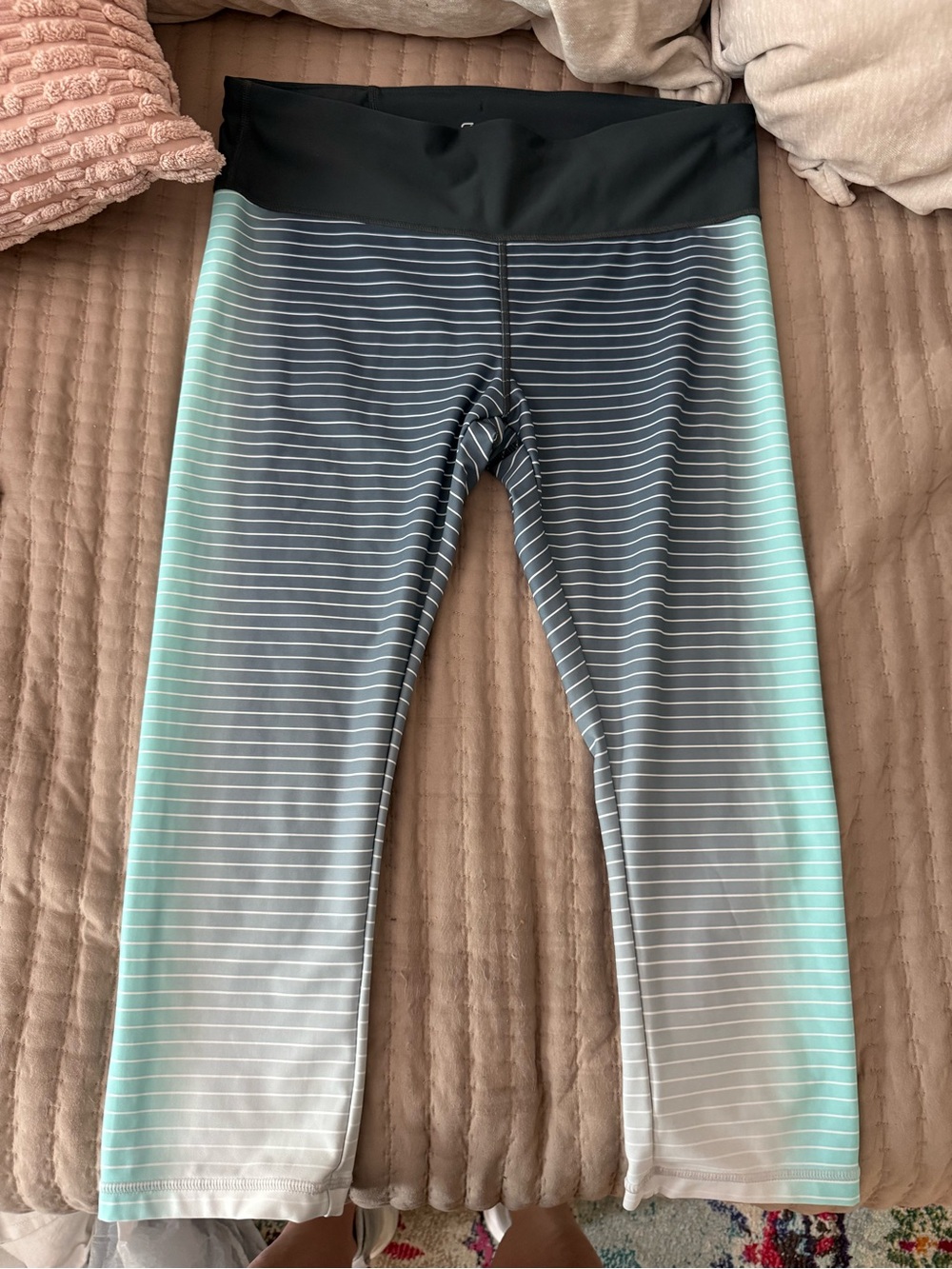 Striped Ombre Capri Leggings with Black Waistband - Mint Fade